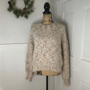 Hem & Thread Oatmeal Confetti Speckled Eyelash Sweater with Bishop Sleev…